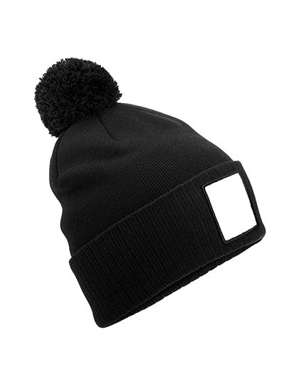Appliqué Patch Pom Beanie in Black, Größe One Size