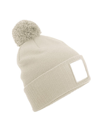 Appliqué Patch Pom Beanie in Oatmeal, Größe One Size
