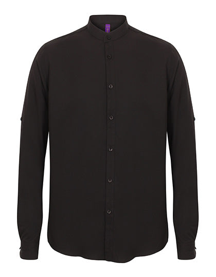 Men´s Mandarin Shirt Roll Tab Sleeve in Black, Größe XXL
