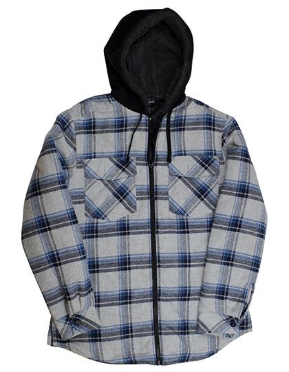 Men´s Flannel Jacket With Sherpa Hoodie in Grey - Blue (Checked), Größe 3XL