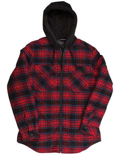 Men´s Flannel Jacket With Sherpa Hoodie in Red - Navy (Checked), Größe 3XL
