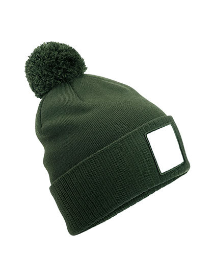 Appliqué Patch Pom Beanie in Olive Green, Größe One Size