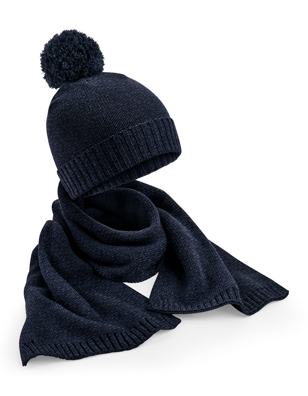 Knitted Scarf and Beanie Gift Set in Navy Fleck, Größe One Size