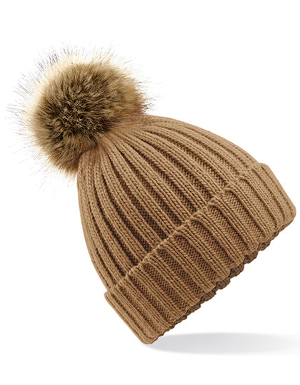 Faux Fur Pop Pom Chunky Beanie in Biscuit, Größe One Size