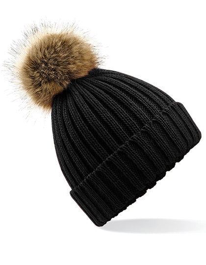 Faux Fur Pop Pom Chunky Beanie in Black, Größe One Size