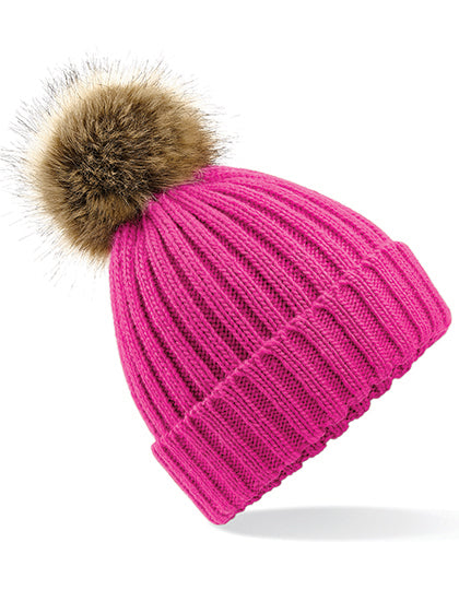 Faux Fur Pop Pom Chunky Beanie in Fuchsia, Größe One Size