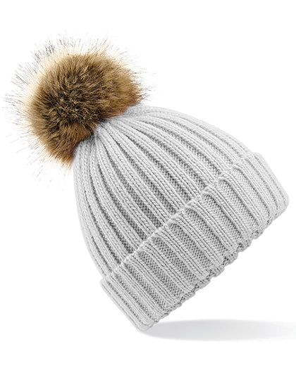 Faux Fur Pop Pom Chunky Beanie in Light Grey, Größe One Size