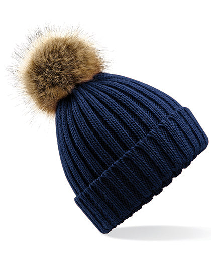 Faux Fur Pop Pom Chunky Beanie in Navy, Größe One Size
