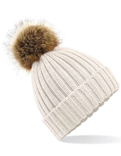 Faux Fur Pop Pom Chunky Beanie in Oatmeal, Größe One Size