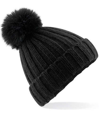 Verbier Faux Fur Pop Pom Chunky Beanie in Black, Größe One Size