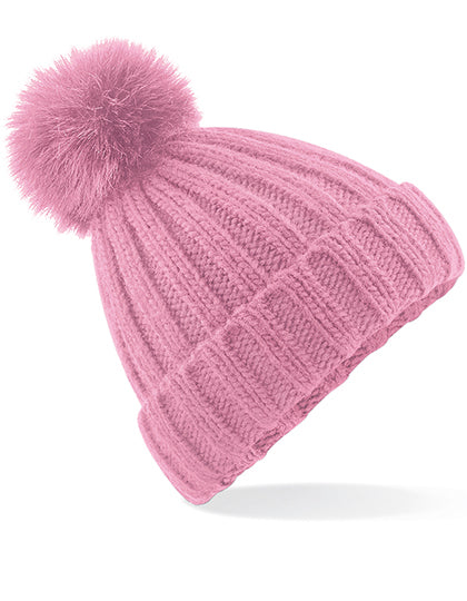 Verbier Faux Fur Pop Pom Chunky Beanie in Dusky Pink, Größe One Size