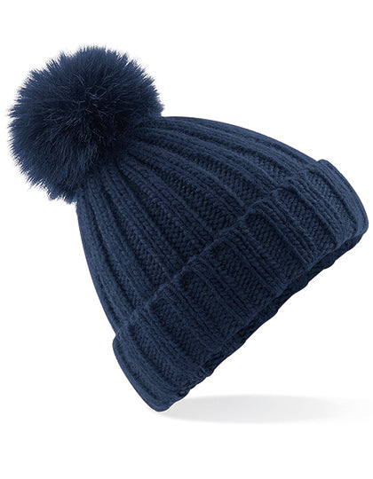 Verbier Faux Fur Pop Pom Chunky Beanie in Navy, Größe One Size