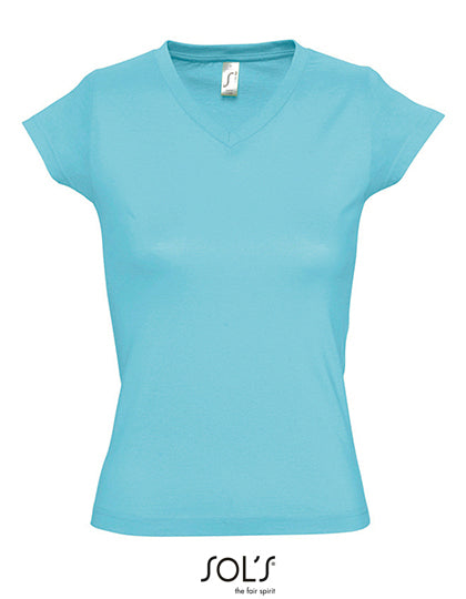 Women´s V-Neck-T-Shirt Moon in Atoll Blue, Größe 3XL