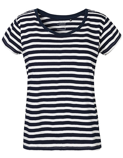 Ladies´ Loose Fit T-Shirt in White - Navy (Striped), Größe XXL