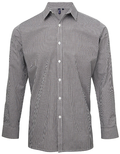 Men´s Microcheck (Gingham) Long Sleeve Cotton Shirt in Black (ca. Pantone Black C), Größe 3XL
