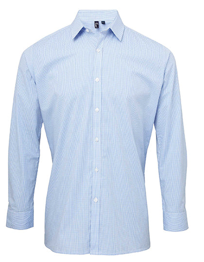 Men´s Microcheck (Gingham) Long Sleeve Cotton Shirt in Light Blue (ca. Pantone 7451C), Größe 3XL