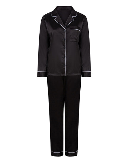 Ladies´ Satin Long Pyjamas in Black, Größe XL/XXL