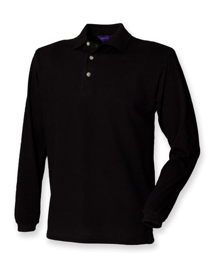 Long Sleeved Cotton Piqué Polo Shirt in Black, Größe XXL