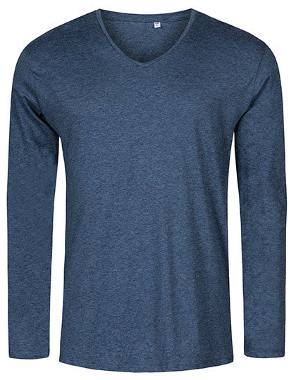 Men´s V-Neck T-Shirt Long Sleeve in Heather Navy, Größe 3XL