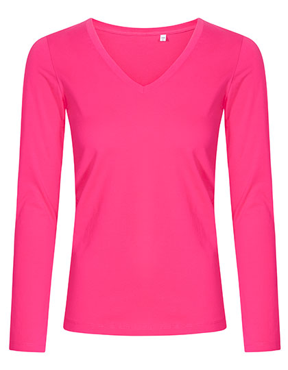Women´s V-Neck T-Shirt Long Sleeve in Bright Rose, Größe 3XL