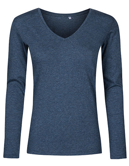 Women´s V-Neck T-Shirt Long Sleeve in Heather Navy, Größe 3XL