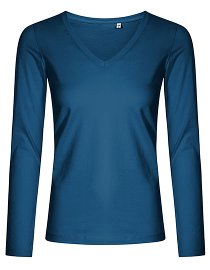 Women´s V-Neck T-Shirt Long Sleeve in Petrol, Größe 3XL