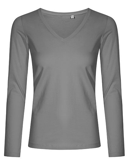 Women´s V-Neck T-Shirt Long Sleeve in Steel Grey (Solid), Größe 3XL