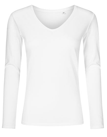 Women´s V-Neck T-Shirt Long Sleeve in White, Größe 3XL